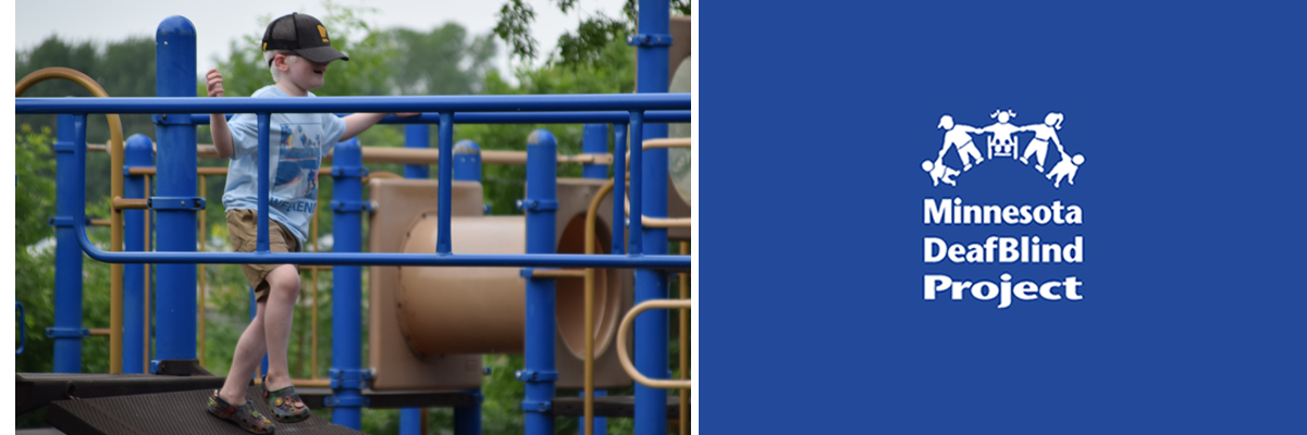 A young boy with light skin, blonde hair and wearing a baseball cap is running happily along the bridge of a playground.