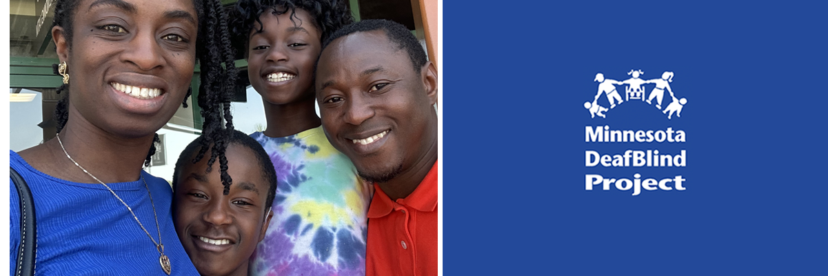 Photo of a family of four; Mom, Dad, daughter and son. The children are pre-teens.  All have dark skin and Mom has her hair in twists. The whole family is standing close together and smiling at the camera.