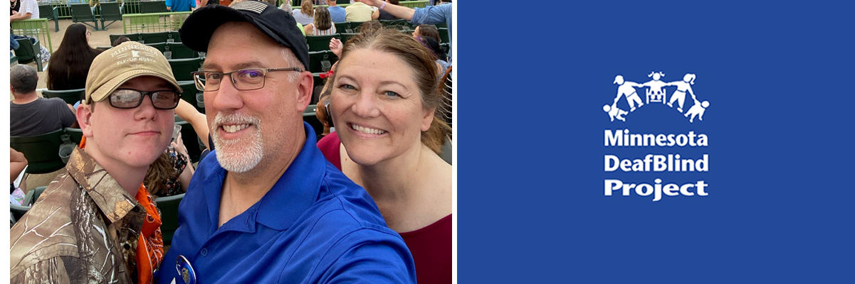 Photo of a white family of three, mom, dad and their teenage son standing at the outdoor Muny Theatre in St. Louis.