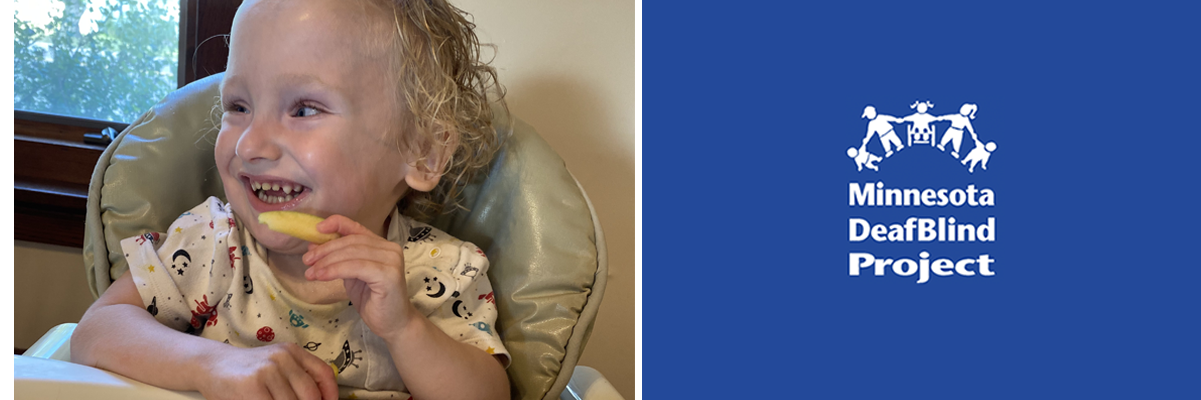 A white toddler boy with curly blond hair is sitting in a high chair eating apple slices.